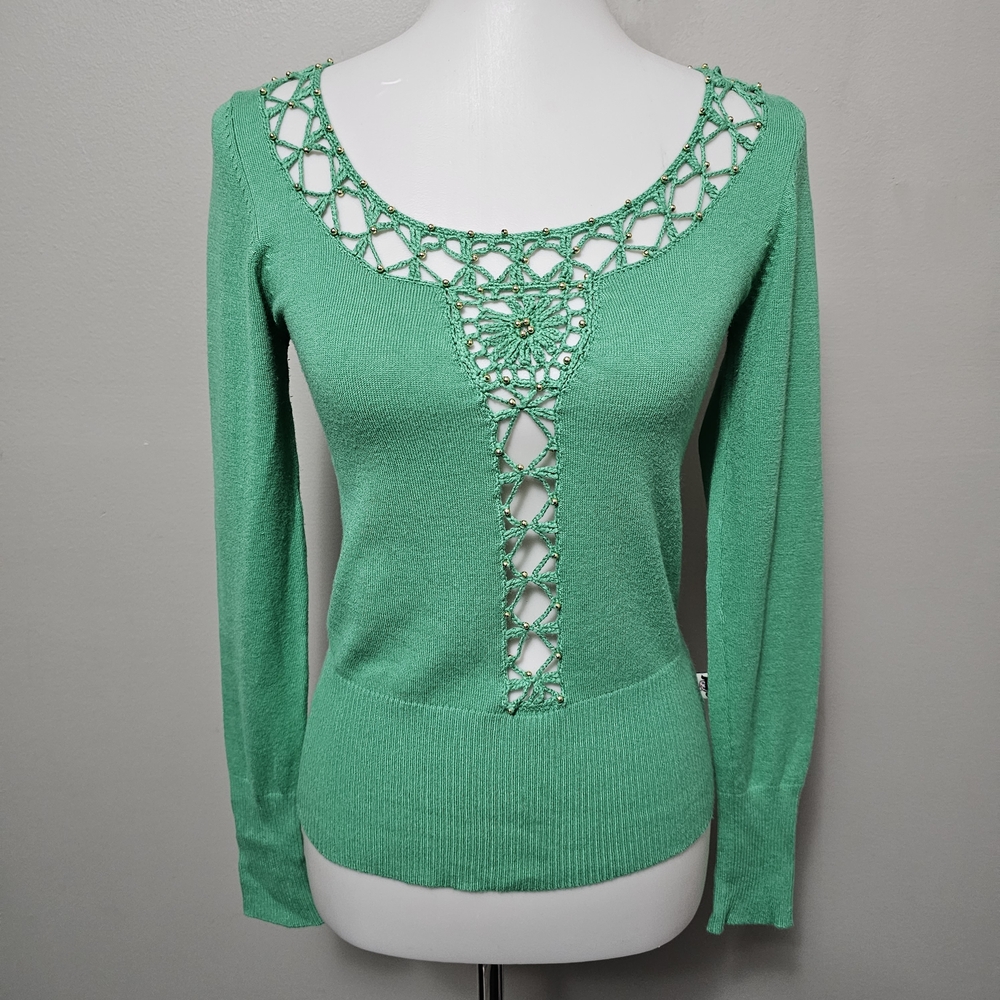 Shy Girl Y2K Mediterranean Green Medium Cutout Beaded Sweater Retro Romantic - Picture 2 of 8
